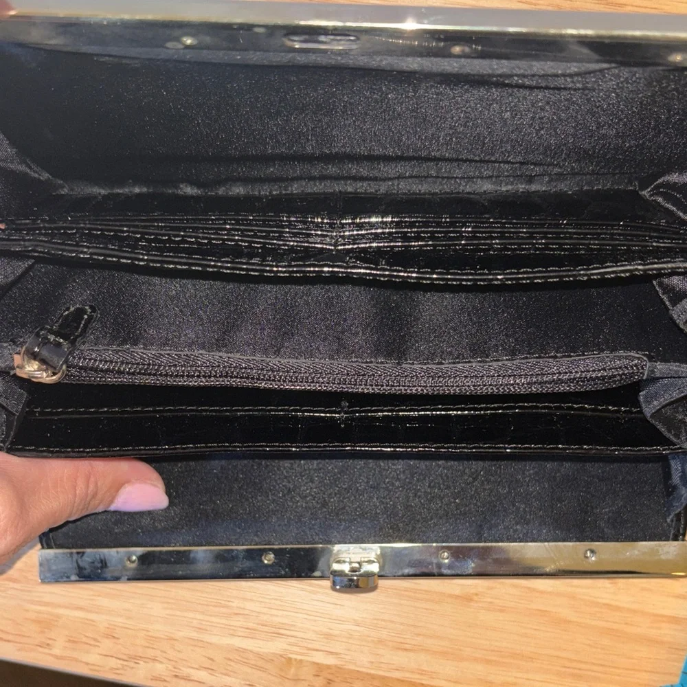 Woman’s Vintage Black Croc Clutch Wallet with Silver Frame